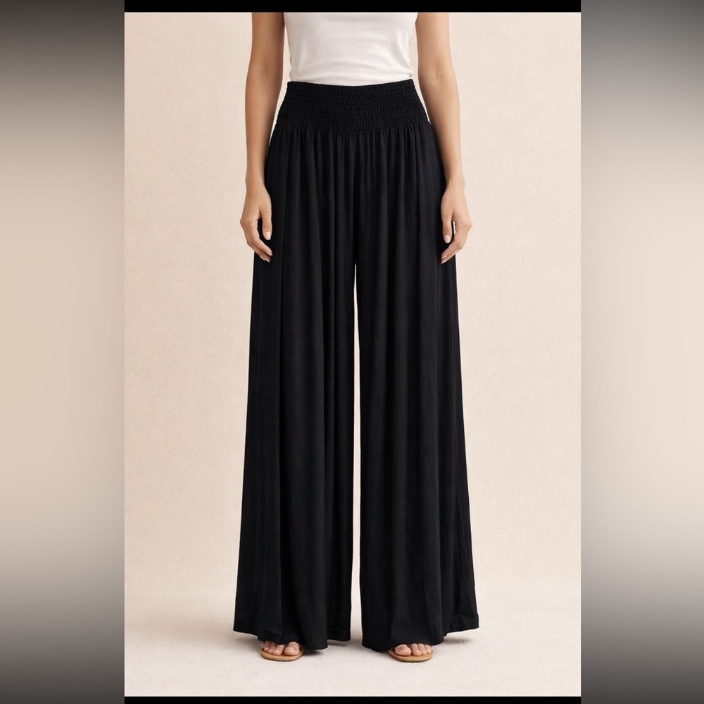 EARTHBOUND TRADING CO. Pants Women Medium Black Wide-Leg Pull On Smocking FLAW